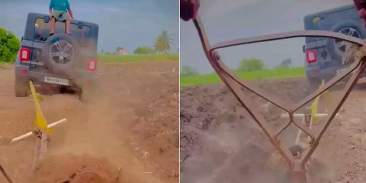 थार गाडीची क्षमता तपासण्यासाठी शेतकऱ्याने जुंपला नांगर